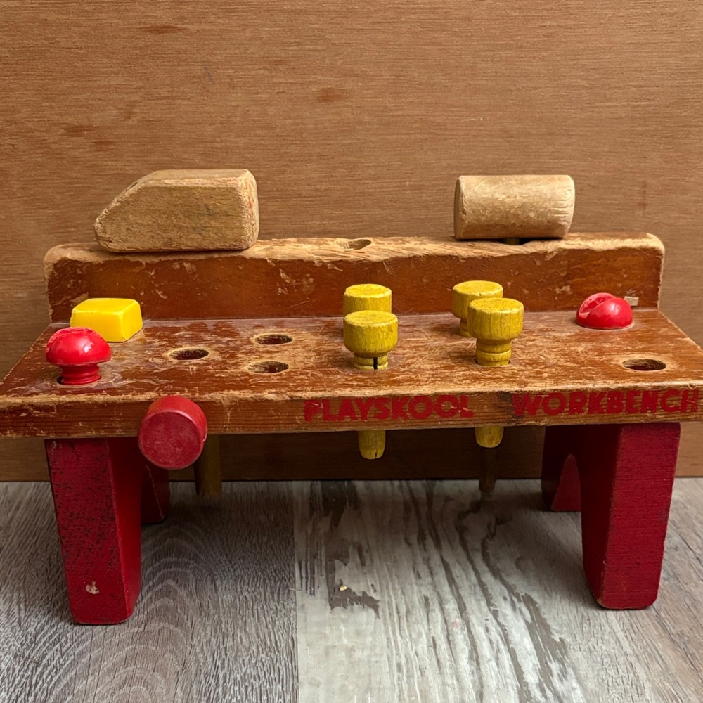 Vintage Playskool Wooden Workbench Toy - Red and Yellow